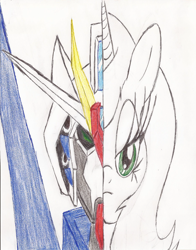 Size: 1700x2172 | Tagged: safe, artist:wyren367, oc, oc only, oc:daiku, colored pencil drawing, colored sketch, crossover, gundam, gundam talos, simple background, solo, traditional art, white background