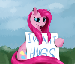 Size: 2040x1760 | Tagged: safe, artist:renarde-louve, pinkie pie, earth pony, pony, clear motivation, hug request, pinkamena diane pie, sign, smiling, solo