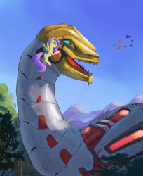 Size: 1024x1253 | Tagged: safe, artist:raikoh, fluttershy, bird, pegasus, pony, apatosaurus, crossover, cute, dinobot, fall of cybertron, forest, gentle giant, mountain, shyabetes, sludge (transformers), transformers