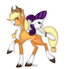 Size: 600x565 | Tagged: safe, artist:tiabirb, applejack, rarity, earth pony, pony, unicorn, alternate design, bondage, carrying, commission, gag, simple background, tied up, transparent background