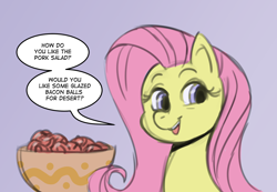 Size: 1136x785 | Tagged: safe, artist:anonymous, fluttershy, pegasus, pony, bacon, food, meat, ooc is serious business, ponies eating meat