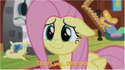 Size: 947x534 | Tagged: safe, edit, edited screencap, screencap, fluttershy, pegasus, pony, fluttershy leans in, about to cry, fake leak, floppy ears, implied discord, sad, smiling, solo