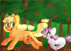 Size: 4900x3500 | Tagged: safe, artist:compassrose0425, applejack, sweetie belle, earth pony, pony, unicorn, sisterhooves social, apple, apple tree, chest fluff, female, filly, food, hat, mare, running, tree