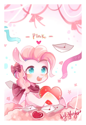 Size: 1000x1450 | Tagged: safe, artist:kinda-l, pinkie pie, earth pony, pony, blushing, bow, clothes, cute, envelope, female, hair bow, heart, mare, open mouth, scarf, smiling, solo