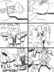 Size: 787x1039 | Tagged: safe, artist:bronyclopman, pinkie pie, human, pony, comic:a chip off the old block, chip hazard, comic, crossover, hug, monochrome, small soldiers, toy