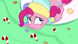 Size: 1280x720 | Tagged: safe, screencap, pinkie pie, earth pony, pony, best gift ever, candy, candy cane, celestia's cutie mark, chocolate chip cookies, cookie, eating, food, hat, prehensile mane, pudding, puddinghead's pudding, swan boat