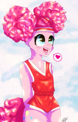 Size: 1600x2500 | Tagged: safe, artist:lucaaegus, pinkie pie, anthro, cute, heart, pinktails pie, red, speech bubble, sports outfit
