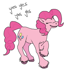 Size: 500x500 | Tagged: safe, artist:autumnbramble, pinkie pie, earth pony, pony, cute, diapinkes, eyes closed, female, floppy ears, happy, hoof fluff, mare, raised hoof, simple background, smiling, solo, text, unshorn fetlocks, white background, yes