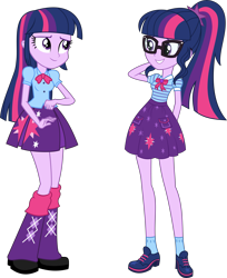 Size: 7773x9548 | Tagged: safe, artist:firesidearmy46231, sci-twi, twilight sparkle, twilight sparkle (alicorn), alicorn, equestria girls, arm behind head, clothes, duality, duo, duo female, female, glasses, leg warmers, meta, pleated skirt, self paradox, simple background, skirt, transparent background, twitter, twolight, vector