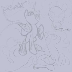 Size: 900x900 | Tagged: safe, artist:snowseed, artist:tomatocoup, nightmare moon, cookie, cute, fangs, filly, food, monochrome, open mouth, prone, raised hoof, sketch, sketch dump, smiling, smirk, solo, spread wings, younger