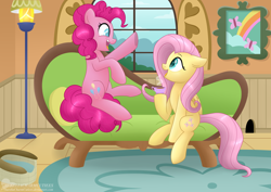 Size: 4950x3510 | Tagged: safe, artist:raspberrystudios, fluttershy, pinkie pie, earth pony, pegasus, pony, cute, duo, excited, female, fluttershy's cottage, folded wings, food, indoors, lamp, looking at each other, mare, open mouth, smiling, sofa, tea, wings