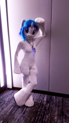 Size: 1049x1865 | Tagged: safe, artist:ask-wub-pon3, artist:polar storm, dj pon-3, vinyl scratch, human, babscon, babscon 2018, clothes, costume, fursuit, irl, irl human, photo, solo