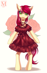 Size: 800x1224 | Tagged: safe, artist:margony, roseluck, earth pony, pony, bipedal, clothes, dress, female, flower, looking at you, mare, rose, simple background, smiling, solo, white background