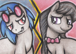 Size: 350x250 | Tagged: safe, artist:shema-the-lioness, artist:shemalioness, dj pon-3, octavia melody, vinyl scratch, earth pony, pony, unicorn, female, lesbian, looking at each other, mare, scratchtavia, shipping, smiling, traditional art