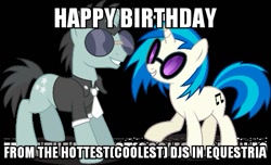 Size: 533x325 | Tagged: safe, dj pon-3, neon lights, rising star, vinyl scratch, pony, unicorn, exploitable meme, female, happy birthday, male, meme, shipping, straight, text, vinylights