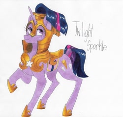 Size: 669x635 | Tagged: dead source, safe, artist:frozensoulpony, twilight sparkle, unicorn twilight, pony, unicorn, alternate universe, armor, raised hoof, royal guard, simple background, solo, traditional art, white background