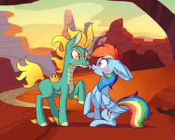 Size: 3000x2400 | Tagged: safe, artist:dsp2003, rainbow dash, tianhuo, longma, pegasus, pony, them's fightin' herds, 2018, blushing, blushing profusely, canyon, community related, counterparts, crossover, crossover shipping, cute, dashabetes, ear fluff, female, floppy ears, forked tongue, lesbian, looking at each other, mare, mlem, non-consensual licking, raised hoof, river, scrunchy face, shipping, silly, tiandash, tongue out