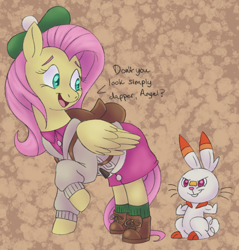 Size: 1668x1745 | Tagged: safe, artist:itoruna-the-platypus, angel bunny, fluttershy, pegasus, pony, clothes, cosplay, costume, cute, dialogue, duo, open mouth, pokemon sword and shield, pokémon, scorbunny, shyabetes