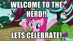 Size: 400x225 | Tagged: safe, edit, edited screencap, screencap, pinkie pie, earth pony, pony, friendship is magic, artifact, brony, caption, happy, image macro, looking at you, text, tree, welcome to the herd