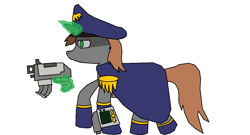 Size: 1189x640 | Tagged: safe, oc, oc only, oc:littlepip, pony, unicorn, fallout equestria, bolt pistol, boots, cap, clothes, commissar, fanfic, fanfic art, female, glowing horn, gun, handgun, hat, little macintosh, magic, mare, ms paint, pipbuck, revolver, simple background, solo, telekinesis, trenchcoat, warhammer (game), warhammer 40k, weapon, white background