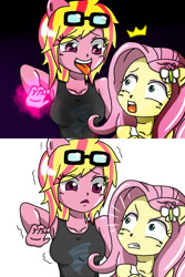 Size: 800x1200 | Tagged: safe, artist:discordloveevil, fluttershy, oc, oc:evil, equestria girls, armpits, comic, shocked, stare, tongue out