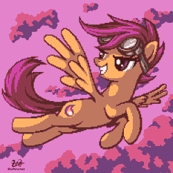 Size: 380x380 | Tagged: dead source, safe, artist:pix3m, scootaloo, pegasus, pony, alternate cutie mark, cloud, female, flying, goggles, grin, mare, older, pixel art, signature, smiling, solo