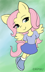 Size: 630x1000 | Tagged: safe, artist:empyu, fluttershy, anthro, plantigrade anthro, chibi, clothes, cute, female, shirt, shoes, shyabetes, skirt, socks, solo