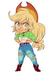 Size: 1441x1986 | Tagged: safe, artist:nounoo, applejack, equestria girls, belt, boots, clothes, cowboy boots, female, jeans, looking at you, pants, shoes, simple background, solo, white background