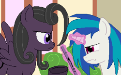 Size: 640x400 | Tagged: safe, artist:herooftime1000, dj pon-3, vinyl scratch, oc, oc:bittersweet nocturne, pony, unicorn, bush, octavia in the underworld's cello, pixel art, ponyville, record, wall