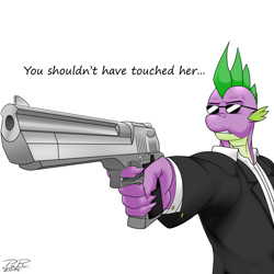 Size: 1280x1280 | Tagged: safe, artist:pabloracer, artist:pia-sama, spike, anthro, desert eagle, gun, pistol, pulp fiction, solo