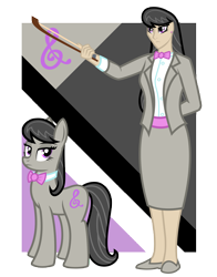 Size: 4289x5467 | Tagged: safe, artist:cyril_deroach, octavia melody, earth pony, human, pony, art pack:equestria humanized project, abstract background, bow (instrument), bowtie, clothes, cutie mark, dress, duo, duo female, female, humanized, jacket, mare, show accurate, simple background, skirt, transparent background
