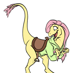 Size: 2000x2000 | Tagged: safe, artist:black-kitten, fluttershy, oc, oc:raptorshy, dinosaur, velociraptor, claws, clothes, cute, dinosaurified, female, happy, hoodie, looking back, open mouth, pink hair, saddle, simple background, smiling, solo, species swap, sweater, tack, veloshyraptor, white background