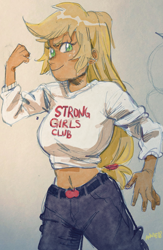 Size: 1276x1957 | Tagged: safe, artist:nounoo, applejack, equestria girls, applejacked, belly button, blonde, clothes, female, fist, flexing, hatless, jeans, looking at you, midriff, missing accessory, muscles, pants, shirt, smiling, smirk, solo, strong