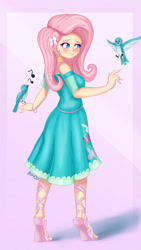 Size: 1837x3265 | Tagged: safe, artist:nin10ja, fluttershy, bird, human, better together, equestria girls, blushing, clothes, cute, dress, feet, female, heart eyes, humanized, music notes, sandals, shyabetes, singing, smiling, toes, wingding eyes