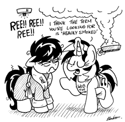 Size: 1600x1571 | Tagged: safe, artist:bobthedalek, dj pon-3, octavia melody, vinyl scratch, earth pony, pony, unicorn, angry, bathrobe, bed mane, black and white, burned food, clothes, duo, female, fire alarm, frying pan, grayscale, ink drawing, inktober, inktober 2019, kiss the cook, magic, mare, monochrome, octavia is not amused, reeee, robe, simple background, smoke, smoke alarm, smoke detector, telekinesis, this will end in pain, traditional art, unamused, white background