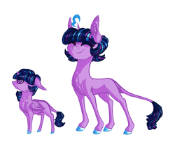 Size: 1200x977 | Tagged: safe, artist:australian-senior, twilight sparkle, twilight sparkle (alicorn), unicorn twilight, oc, oc:twilight invictus, alicorn, classical unicorn, pony, unicorn, age progression, alternate color palette, alternate universe, baby, chest fluff, cloven hooves, colored hooves, cute, eyes closed, female, filly, floppy ears, fluffy, foal, kirindos, leonine tail, looking up, magic, simple background, smiling, solo, unshorn fetlocks, white background