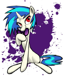 Size: 825x990 | Tagged: safe, artist:aliasforrent, dj pon-3, vinyl scratch, pony, unicorn, abstract background, female, mare, missing cutie mark, paint splatter, red eyes, simple background, sitting, solo, transparent background, wrong eye color