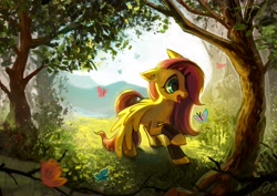 Size: 2560x1810 | Tagged: safe, artist:erinliona, fluttershy, butterfly, pegasus, pony, amazed, bracer, cute, digital art, ear piercing, emoshy, forest, happy, looking at something, makeup, mountain, mountain range, open mouth, outdoors, piercing, raised hoof, scenery, shyabetes, solo, spread wings, tongue out, tree, wings