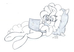 Size: 1024x725 | Tagged: safe, artist:cyanyeh, pinkie pie, earth pony, pony, computer, ear fluff, grayscale, laptop computer, monochrome, on back, pillow, simple background, smiling, solo, white background