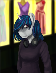 Size: 1979x2550 | Tagged: safe, artist:iceminth, dj pon-3, vinyl scratch, anthro, unicorn, alternate hairstyle, clothes, female, headphones, looking at you, mannequin, shop, solo, sweater