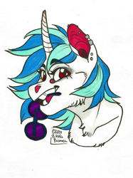 Size: 1024x1372 | Tagged: safe, artist:biakela, dj pon-3, vinyl scratch, pony, unicorn, bust, chest fluff, colored ears, curved horn, ear piercing, earring, female, glasses, jewelry, looking at you, mare, mouth hold, open mouth, piercing, simple background, solo, traditional art, white background