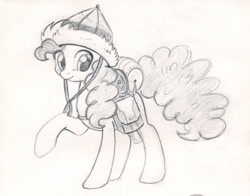 Size: 900x706 | Tagged: safe, artist:maytee, pinkie pie, earth pony, pony, the lost treasure of griffonstone, grayscale, hat, monochrome, pencil drawing, raised hoof, saddle bag, simple background, smiling, solo, traditional art, white background