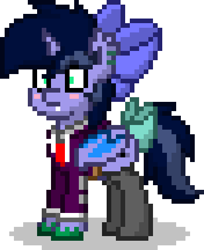 Size: 396x486 | Tagged: safe, artist:kimjoman, edit, oc, oc only, oc:purple flix, bat pony, pony, accessories, blushing, bow, clothes, ear piercing, earring, jewelry, male, piercing, pony town, shrunken pupils, simple background, socks, solo, stallion, white background