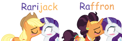 Size: 1550x518 | Tagged: safe, artist:geekcoffee, artist:mintybases, applejack, rarity, saffron masala, earth pony, pony, unicorn, base bused, base used, blushing, eyes closed, female, kissing, lesbian, mare, raffron, rarijack, shipping, simple background, surprise kiss, white background