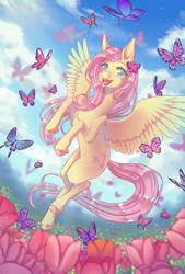 Size: 676x1000 | Tagged: safe, artist:12irinchan, fluttershy, butterfly, pegasus, pony, chest fluff, colored hooves, complex background, cute, digital art, female, flower, flower field, flying, happy, hoof fluff, mare, open mouth, open smile, outdoors, shyabetes, sky, smiling, solo, spread wings, unshorn fetlocks, wings