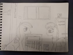 Size: 4056x3040 | Tagged: safe, artist:bluetec, octavia melody, oc, oc:bluetec, earth pony, pegasus, pony, canon x oc, garage, male, octavia is not amused, stallion, traditional art, unamused, wrench