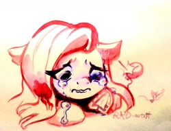 Size: 1280x980 | Tagged: safe, artist:rrd-artist, pinkie pie, pony, balloon, balloon popping, crying, horseshoes, needle, pinkamena diane pie, popping, sad, solo, traditional art, underhoof, watercolor painting