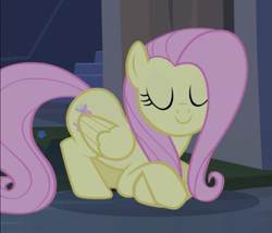 Size: 885x757 | Tagged: safe, screencap, fluttershy, pegasus, pony, castle mane-ia, cropped, crossed hooves, cute, eyes closed, female, mare, prone, shyabetes, smiling, solo