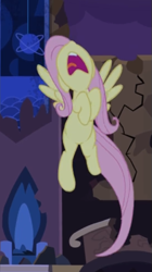 Size: 357x637 | Tagged: safe, screencap, fluttershy, pegasus, pony, castle mane-ia, cropped, female, flying, mare, nose in the air, open mouth, scared, screaming, solo, spread wings, wings