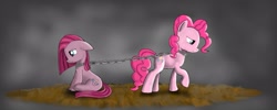 Size: 2049x823 | Tagged: safe, artist:thefrrealdeal, pinkie pie, earth pony, pony, chained, chains, duality, duo, pinkamena diane pie